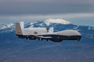 An MQ-4C named B8, the first production MQ-4C Triton upgraded to the IFC-4 configuration flies over California. It was delivered to the Naval Air Station Patuxent River, Md. on Feb. 1, 2022. (Photo: Northrop Grumman)