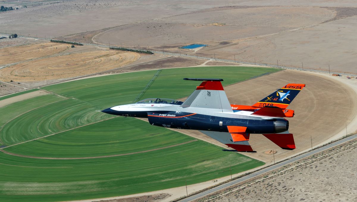 Pictured is the X-62A Variable Stability In-Flight Simulator Test Aircraft (VISTA) flying over Palmdale, Calif. on Aug. 26, 2022 (U.S. Air Force Photo)