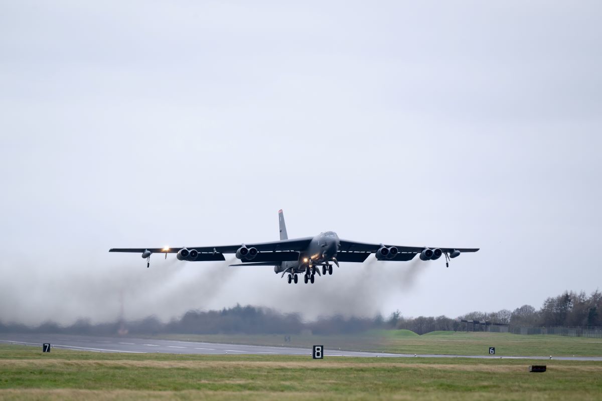 A U.S. Air Force B-52H Stratofortress with the 20th Expeditionary Bomb Squadron takes off from RAF Fairford, England on Dec. 10th. The squadron returned to Barksdale AFB, La. after completing the Bomber Task Force deployment, the Air Force said (U.S. Air Force Photo)